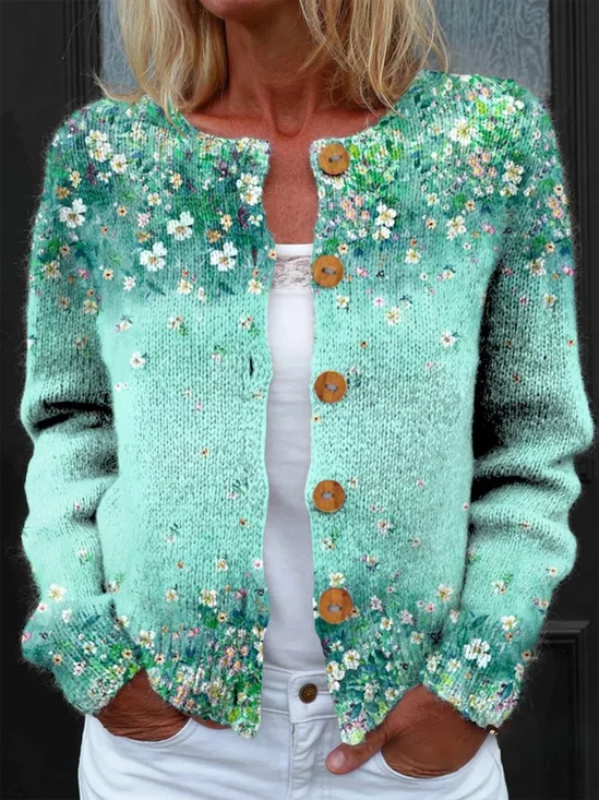 Women's Floral Pattern Art Print Button Cardigan Sweater