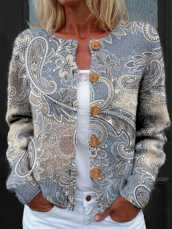 Women's Ethnic Paisley Art Pattern Print Buttoned Cardigan Sweater