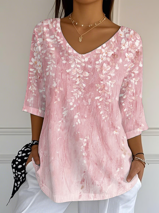 Women's Three Quarter Sleeve T-shirt Spring/Fall Pink Floral Printing V Neck Daily Going Out Casual Top