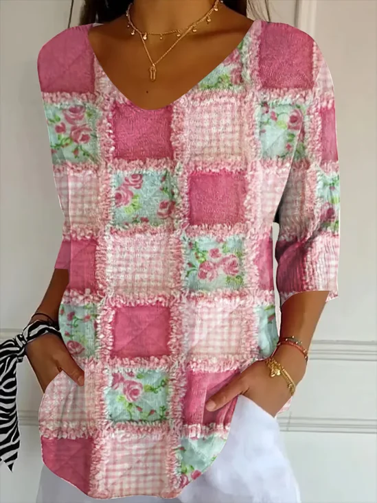Women's Three Quarter Sleeve T-shirt Spring/Fall Pink Floral Printing V Neck Daily Going Out Casual Top