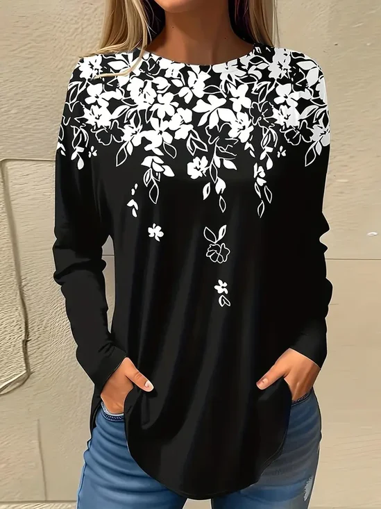 Women's Long Sleeve T-shirt Spring/Fall Black Floral Printing Jersey Crew Neck Daily Going Out Casual Top