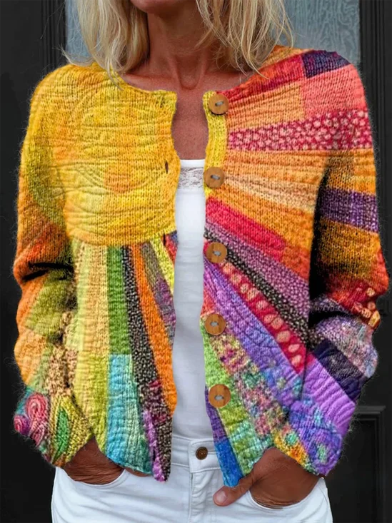 Women's Colorful Patchwork Sun Pattern Artistic Print Button Cardigan Sweater