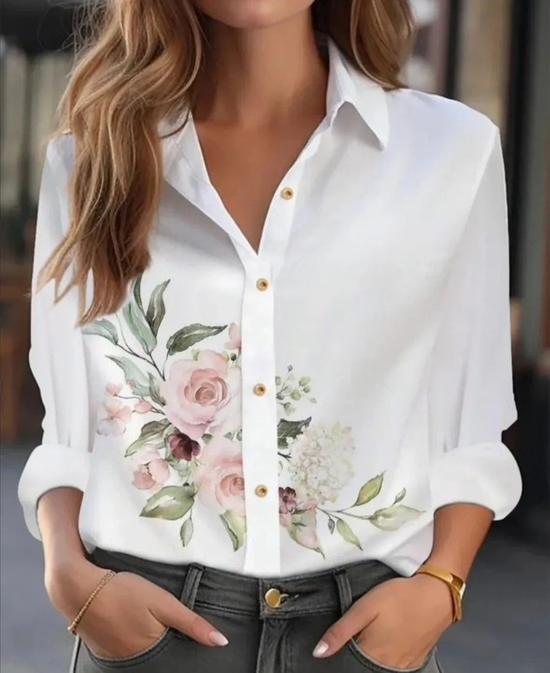 Women's Long Sleeve Shirt Spring/Fall White Floral Buckle Shirt Collar Regular Sleeve Daily Going Out Casual Top