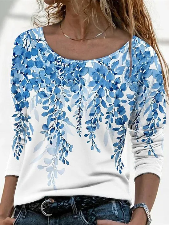 Women's Long Sleeve T-shirt Spring/Fall Blue Floral Printing Jersey Crew Neck Daily Going Out Casual Top