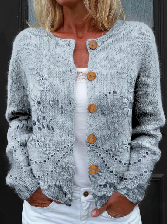 Women's Floral Texture Art Print Buttoned Cardigan Sweater
