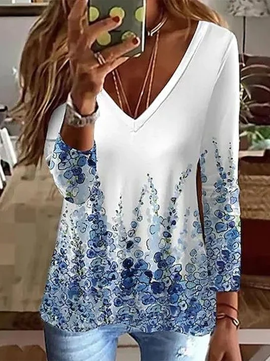 Women's Long Sleeve T-shirt Spring/Fall White Abstract Printing Jersey V Neck Daily Going Out Casual Top