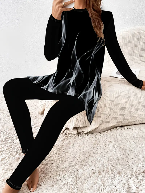 Women's Printing Abstract Daily Going Out Two-Piece Set Black Casual Spring/Fall Top With Pants Matching Set