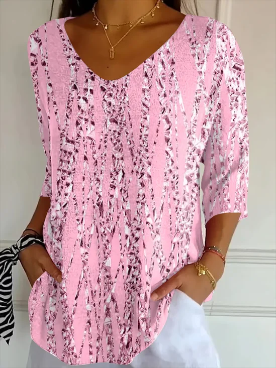 Women's Three Quarter Sleeve T-shirt Spring/Fall Pink Abstract Printing V Neck Daily Going Out Casual Top