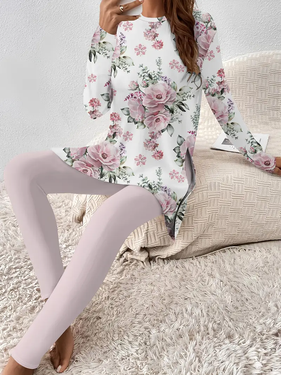 Women's Printing Floral Daily Going Out Two-Piece Set Pink Casual Spring/Fall Top With Pants Matching Set