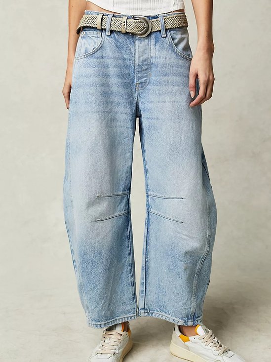 Buckle Cotton Loose Casual Women's Loose Wide Leg Pants Mid-low Rise Washed Scimitar Pants Jeans