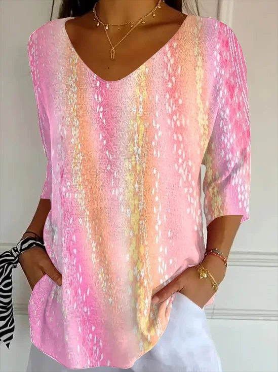Women's Three Quarter Sleeve T-shirt Spring/Fall Pink Abstract Printing V Neck Daily Going Out Casual Top