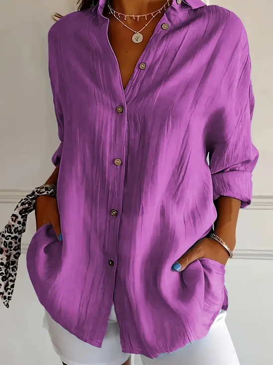 Women's Long Sleeve Shirt Spring/Fall Purple Plain Buckle Shirt Collar Regular Sleeve Daily Going Out Casual Top