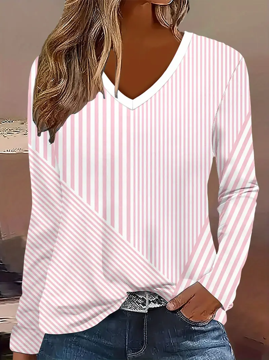 Women's Long Sleeve T-shirt Spring/Fall Pink Striped Printing Jersey V Neck Daily Going Out Casual Top