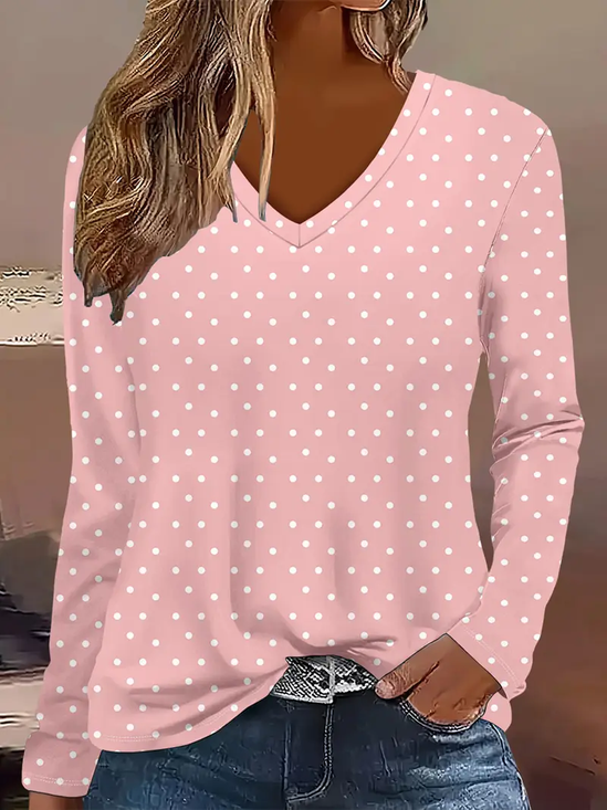 Women's Long Sleeve T-shirt Spring/Fall Pink Polka Dots Printing Jersey V Neck Daily Going Out Casual Top