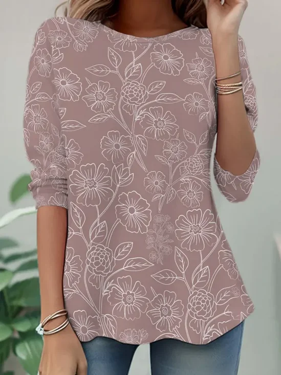 Women's Long Sleeve T-shirt Spring/Fall Pink Floral Printing Jersey Crew Neck Daily Going Out Casual Top