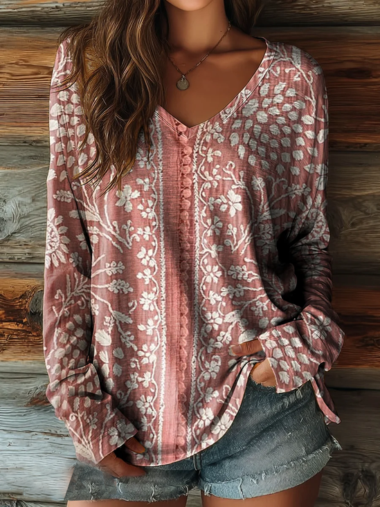 Women's Long Sleeve T-shirt Spring/Fall Pink Floral Printing Jersey V Neck Daily Going Out Casual Top