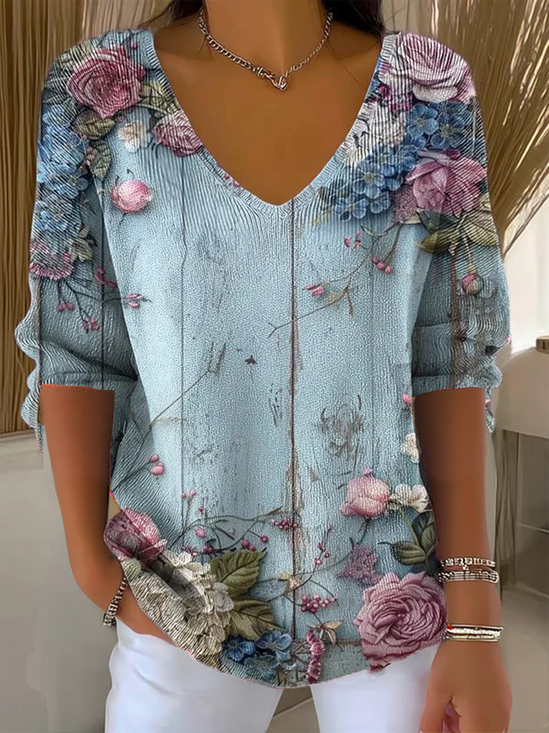 Women's Retro Floral Pattern T-Shirt Casual Comfort Regular Striped Top