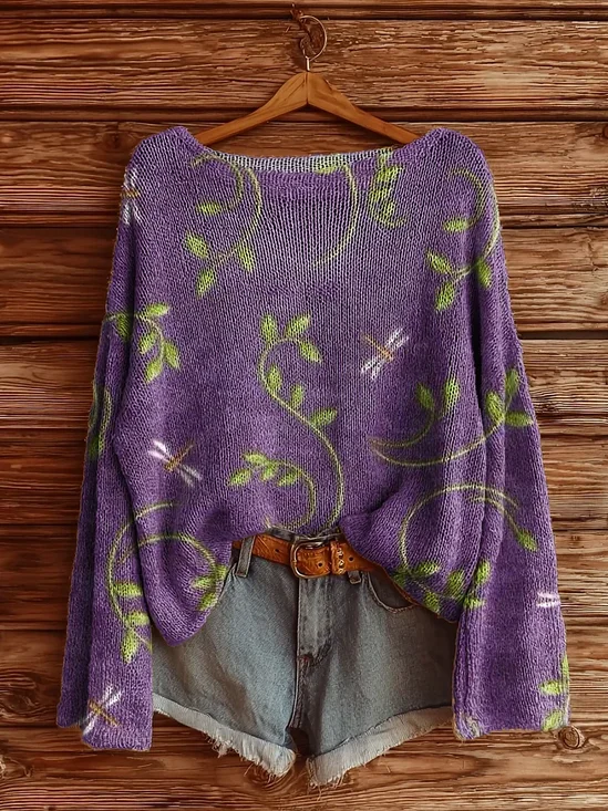 Women's Floral Dragonfly Print Casual Long Sleeve Top