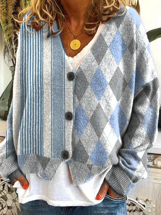 Women's Striped Geometric Print Casual V-Neck Button Long Sleeve Cardigan
