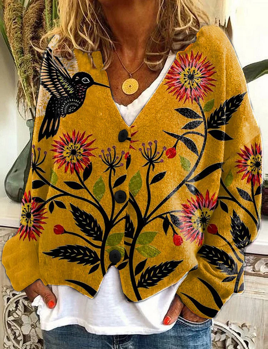 Women's Floral Print Casual V-Neck Button Long Sleeve Cardigan