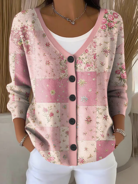 Women's Floral Print Casual V-Neck Button Long Sleeve Cardigan