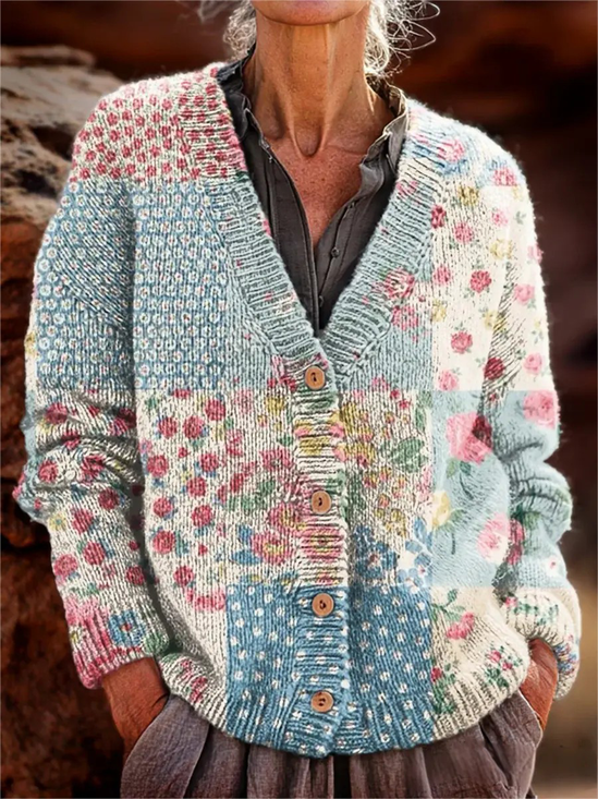 Women's Retro Floral Pattern V-Neck Cardigan Casual Comfort Regular Sweatshirt Jacket