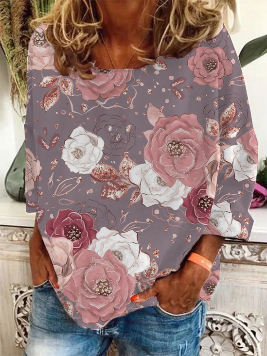 Women's Long Sleeve T-shirt Spring/Fall Pink Floral Printing Crew Neck Holiday Going Out Casual Top