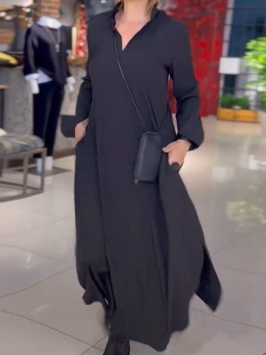 Women's Long Sleeve Spring/Fall Black Plain Split Joint V Neck Daily Going Out Vintage Maxi A-Line Shirt Dress Dress