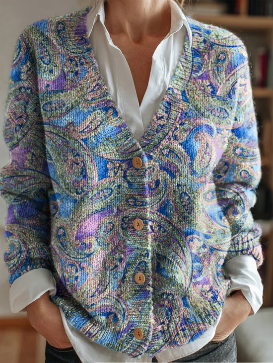 Women's Paisley Pattern V-Neck Cardigan Casual Comfort Regular Sweatshirt Jacket