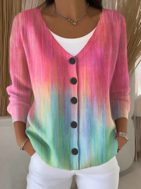Women's Abstract Print Casual V-Neck Button Long Sleeve Cardigan