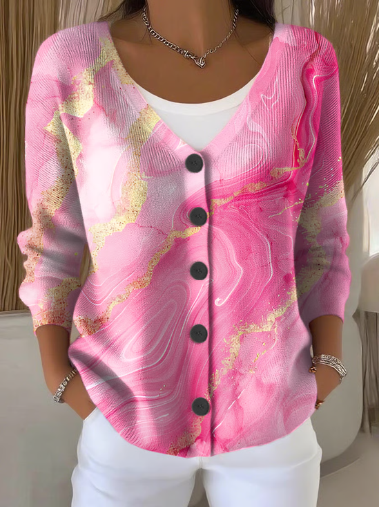 Women's Abstract Print Casual V-Neck Button Long Sleeve Cardigan