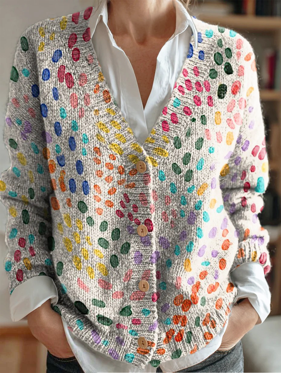 Colorful Polka Point Art Print Buttoned V-neck Cardigan Sweater