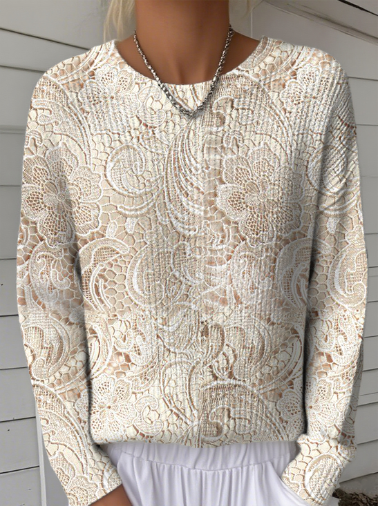 Women's Lace Pattern Crew Neck Sweater Casual Comfort Regular Pullover Sweatshirt