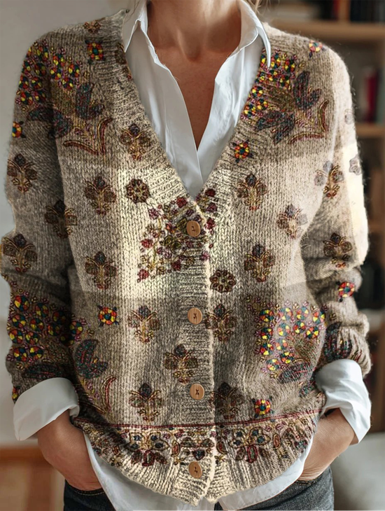 Women's Floral Pattern V-Neck Cardigan Casual Comfort Regular Sweater Jacket