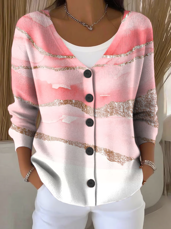 Women's Abstract Print Casual V-Neck Button Long Sleeve Cardigan