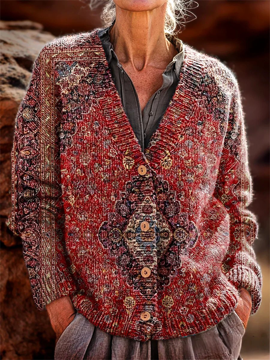 Women's Retro Ethnic Pattern Cardigan Casual Comfort Regular Sweater Jacket