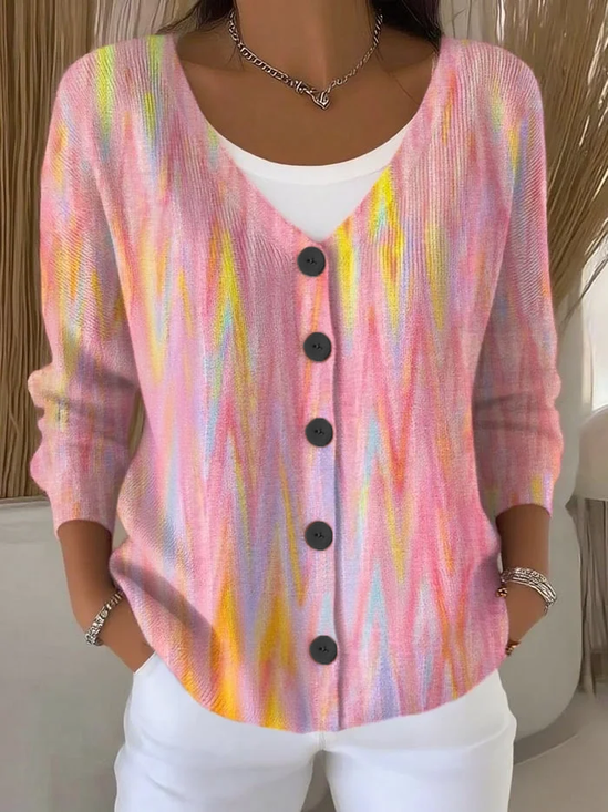 Women's Abstract Print Casual V-Neck Button Long Sleeve Cardigan