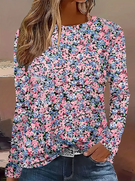 Women's Long Sleeve T-shirt Spring/Fall Pink Floral Printing Jersey Crew Neck Daily Going Out Casual Top