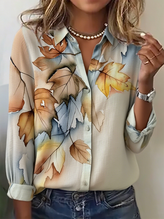 Women's Autumn Maple Leaf Pattern Long Sleeve Shirt Loose and Comfortable Regular Top