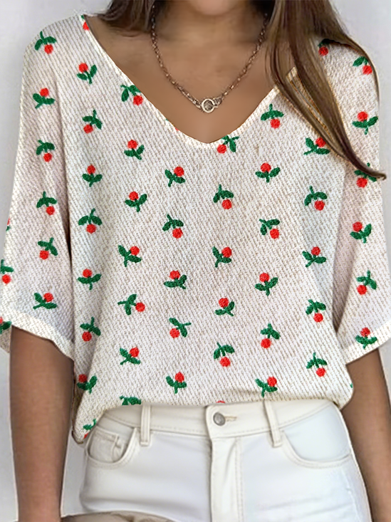 Women's Simple Pattern V-Neck Three-Quarter Sleeve T-Shirt Loose and Comfortable Ribbed Top