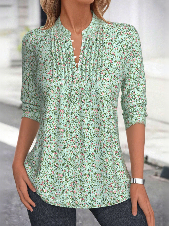Women's Floral Pattern Stand Collar Long Sleeve Shirt Loose and Comfortable Regular Top
