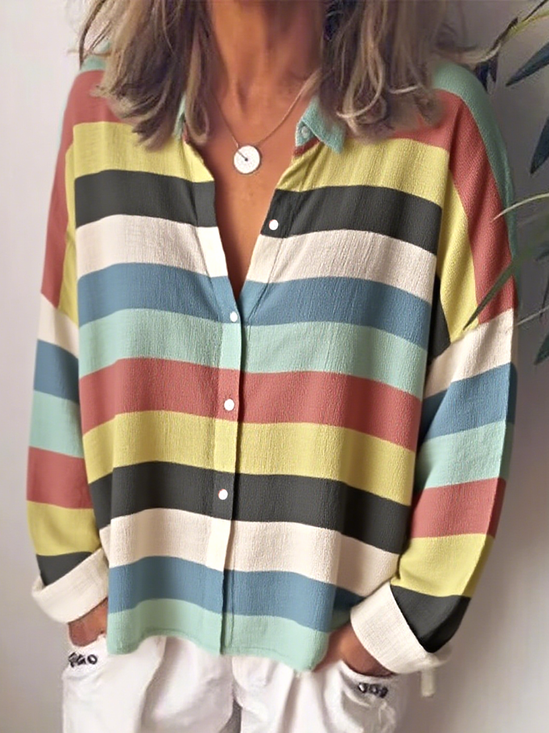 Women's Striped Colorblock Pattern Long-Sleeved Shirt Loose And Comfortable Regular Top
