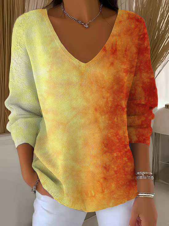 Women's Long Sleeve T-shirt Spring/Fall Orange Ombre Printing V Neck Daily Going Out Casual Top