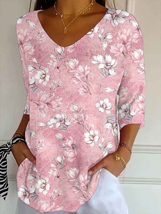 Women's Three Quarter Sleeve T-shirt Spring/Fall Pink Floral Printing V Neck Daily Going Out Casual Top
