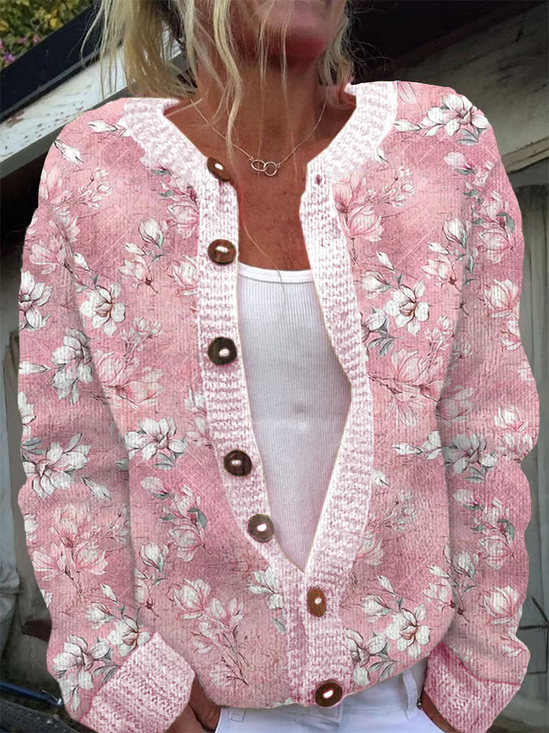 Women's Floral Print Casual Long Sleeve Button Cardigan Sweater