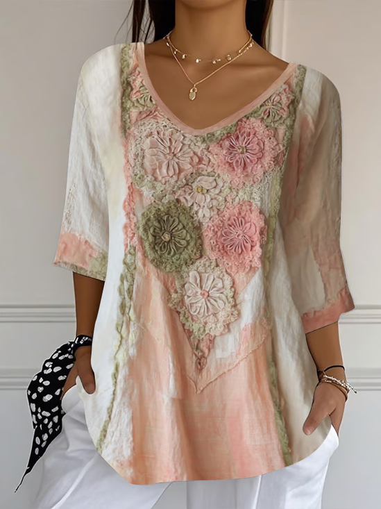 Women's Three Quarter Sleeve T-shirt Spring/Fall Pink Floral Printing V Neck Daily Going Out Casual Top