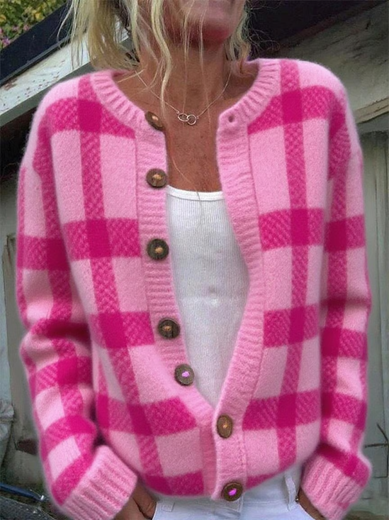 Women's Plaid Print Casual Long Sleeve Button Cardigan Sweater