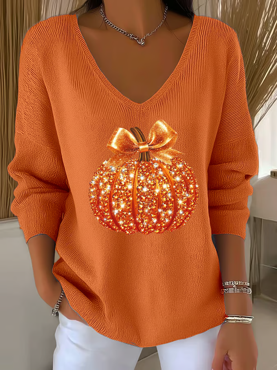 Women's Long Sleeve T-shirt Spring/Fall Orange Halloween (pumpkin) Printing V Neck Daily Going Out Casual Top