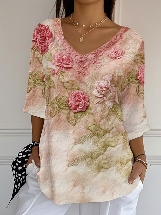 Women's Three Quarter Sleeve T-shirt Spring/Fall Pink Floral Printing V Neck Daily Going Out Casual Top