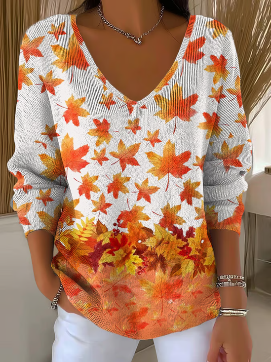 Women's Long Sleeve T-shirt Spring/Fall Orange Maple Leaf Printing V Neck Daily Going Out Casual Top